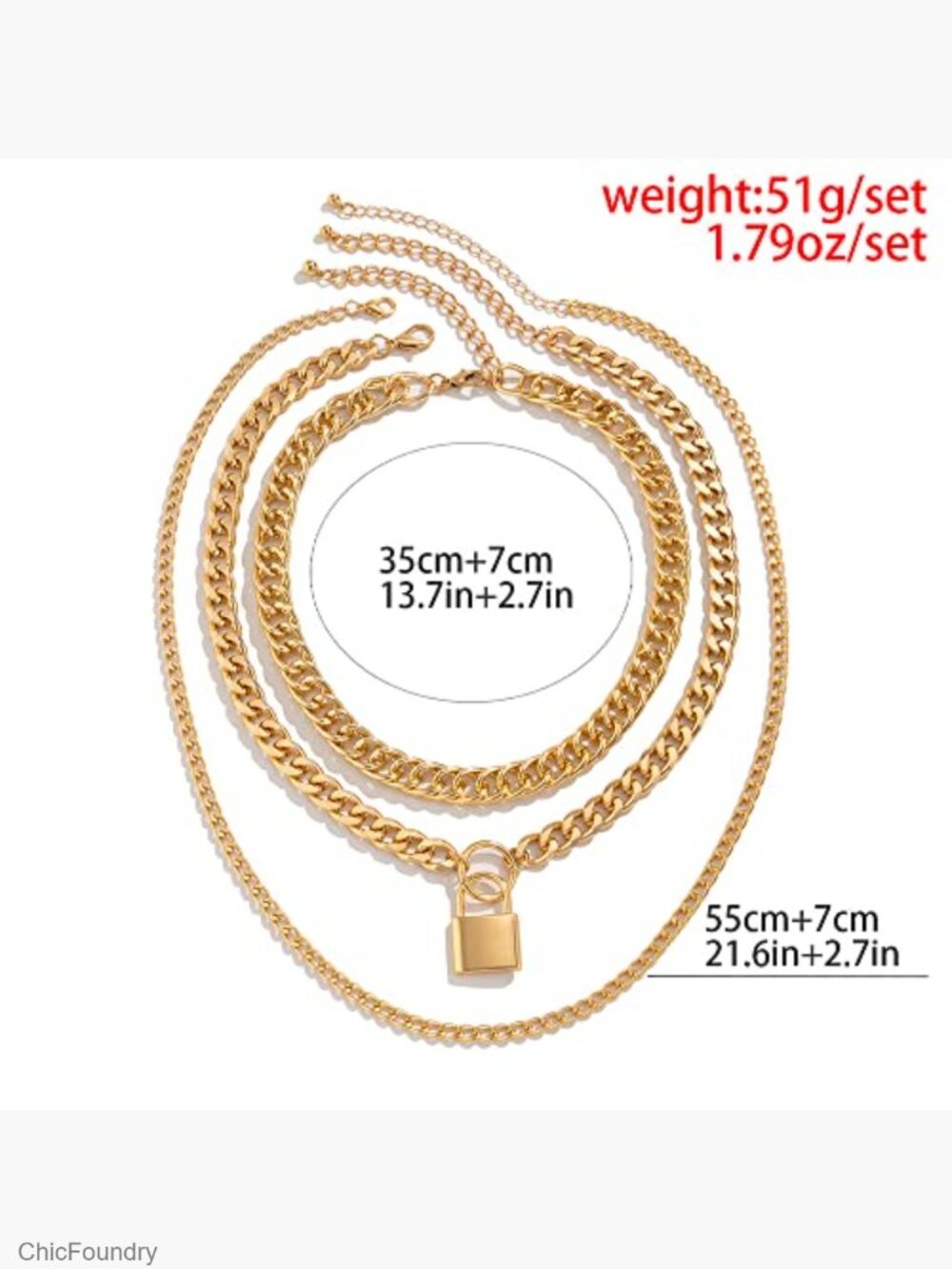 Layered Cuban Chain Choker Necklace Set with Lock Pendant - Picture 6 of 7